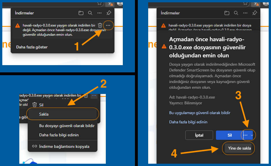 Edge'de dört adım: dosyanın yanındaki … düğmesi, Sakla, Sil düğmesinin yanındaki … düğmesi ve Yine de sakla