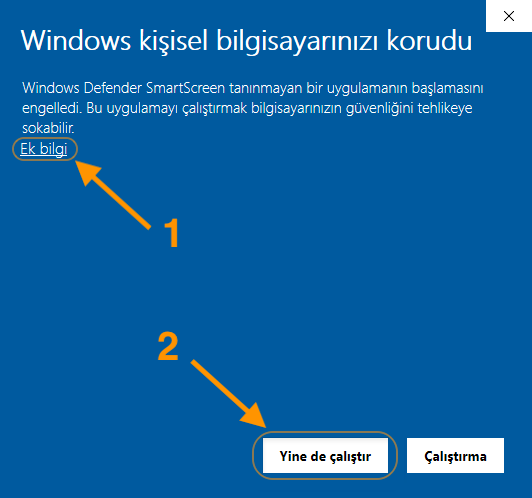 Windows kişisel bilgisayarınızı korudu penceresinde Ek bilgi ve Yine de çalıştır